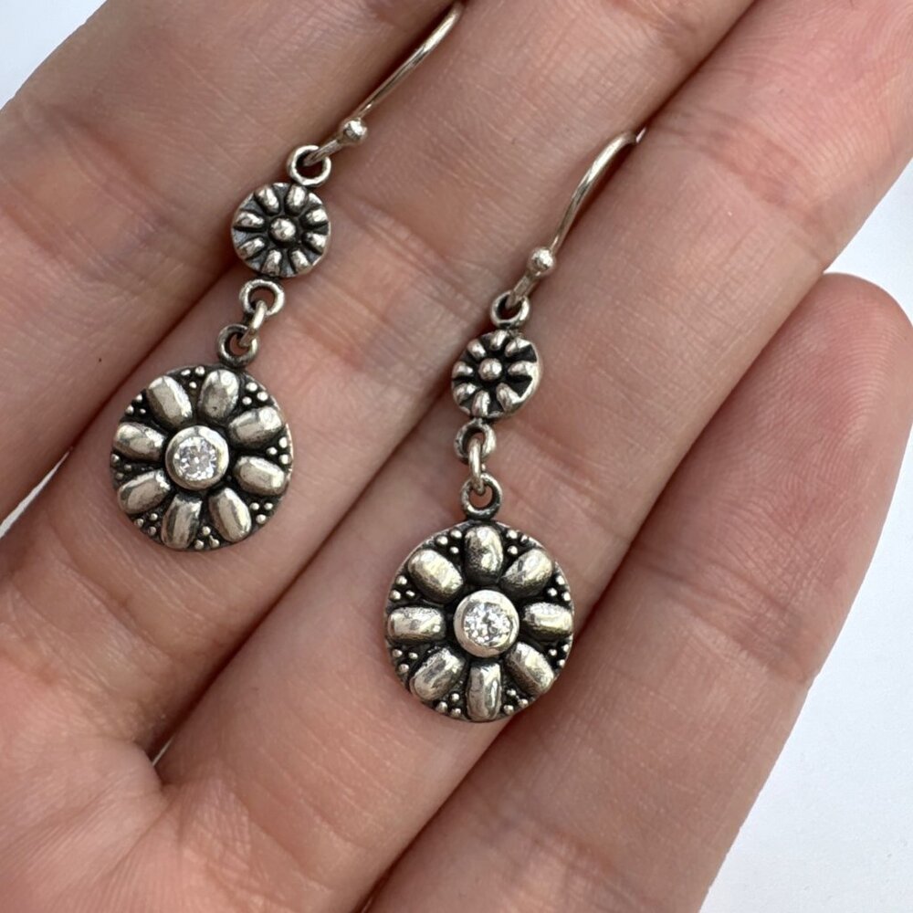 VTG Sterling Silver 925 Cubic Zirconia Flower Circle Dangle Earrings 1.5" Length